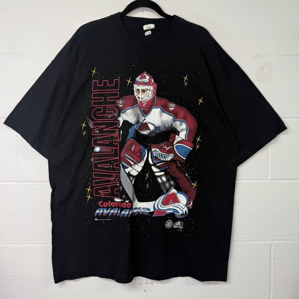 Vintage 90s Colorado Avalanche Bulletin Athletics NHL T-Shirt Sz XL Black AOP